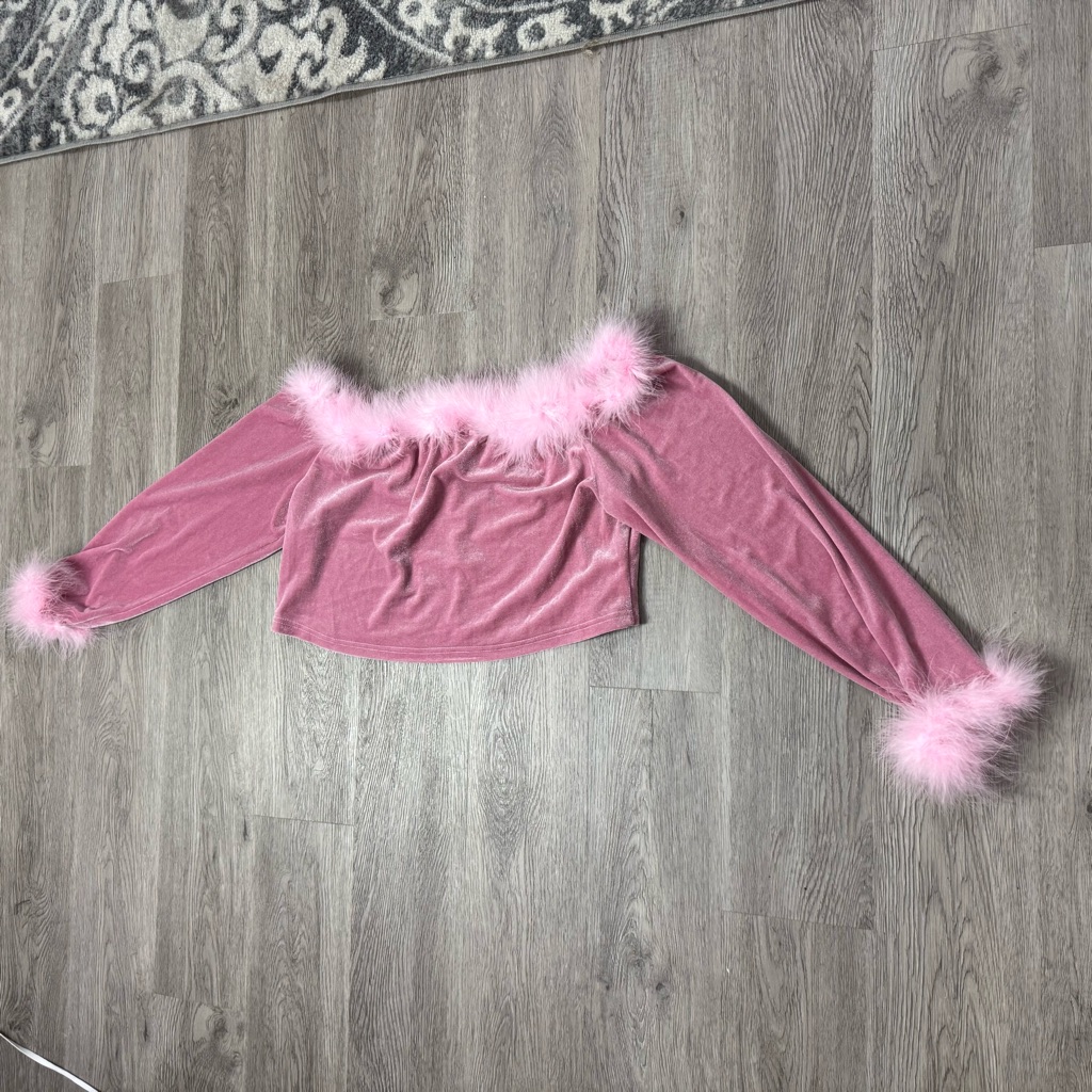 Shein Curve Pink Velvet Feather Trim Off-Shoulder Crop Top 3xl